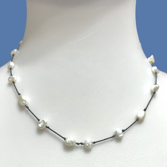 Baroque Freshwater Pearl Necklace Black Cord Casual Beach Cruise Minimalist Boho - Picture 1 of 10